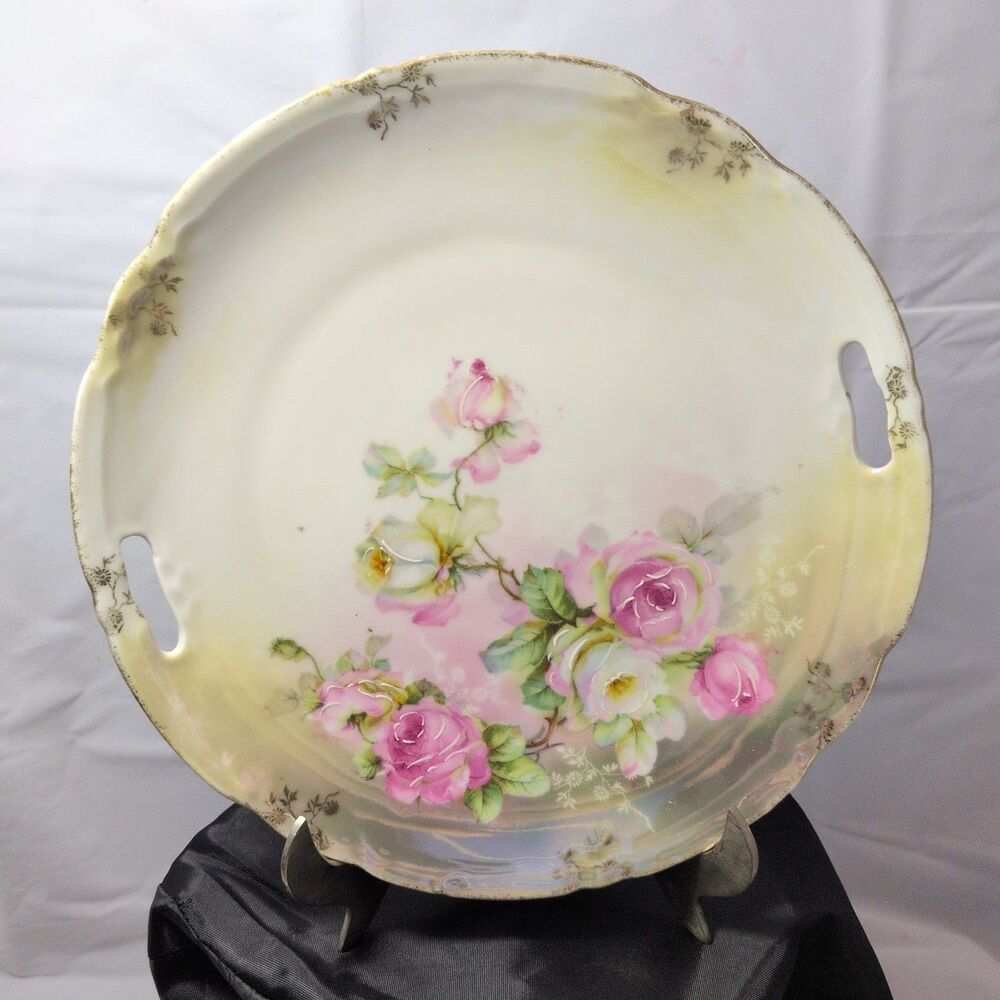 Antique German Handled Serving Plate, Pink & Yellow Roses, Circa 1900-1930s